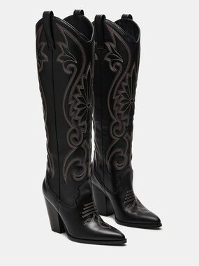 ❤️STEVE MADDEN LASSO - Women's Black Western-Style Leather Mid-Calf Boots 🤠